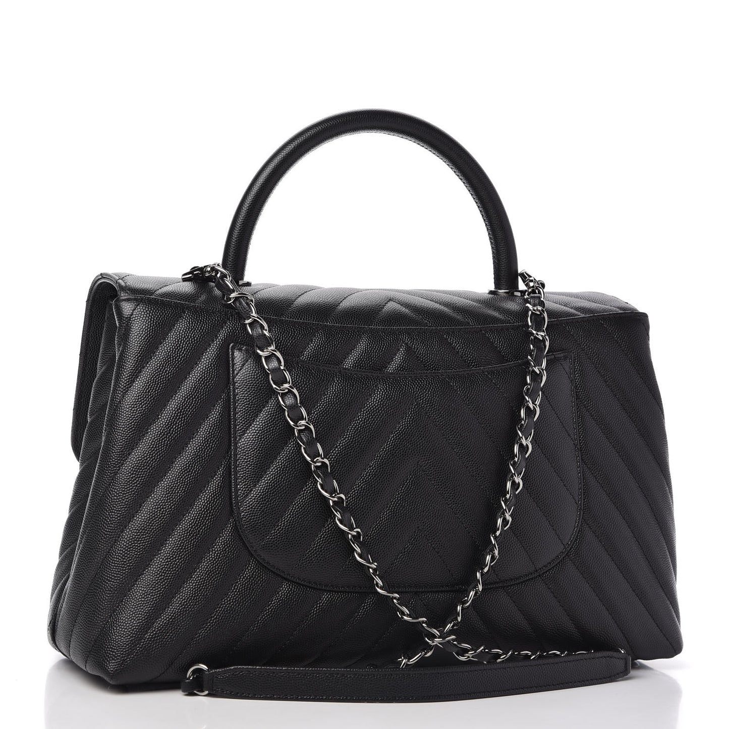 Caviar Chevron Quilted Medium Coco Handle Flap Black