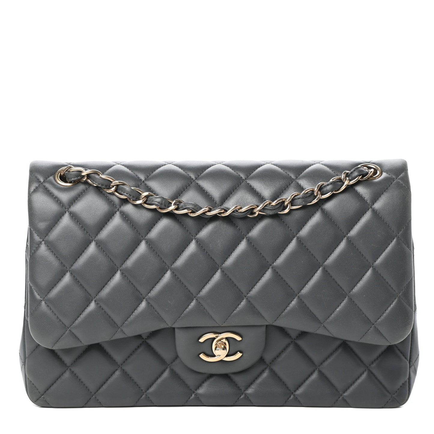 Lambskin Quilted Jumbo Double Flap Grey