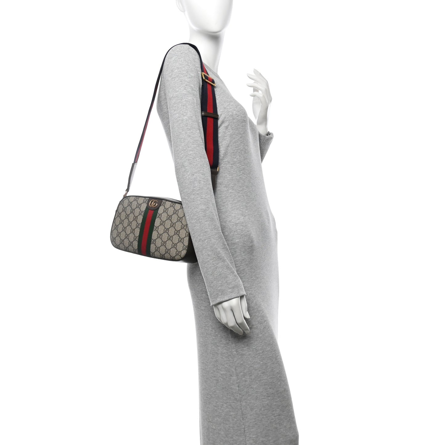 GG Supreme Monogram Textured Dollar Calfskin Web Ophidia Wristlet Shoulder Bag Beige Ebony New Acero