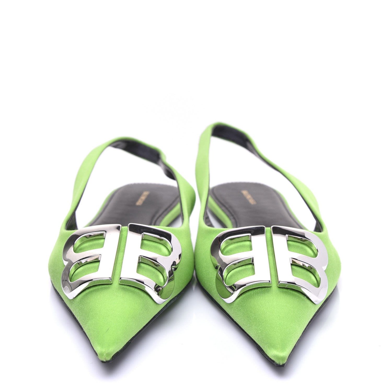 Balenciaga Satin BB Knife Pointy Toe Slingback Flats 38 Neon Green 2 of 11