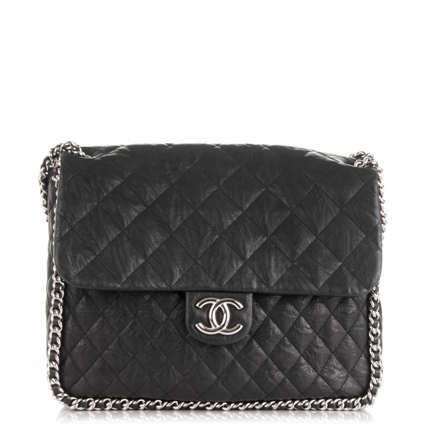 Washed Lambskin Quilted Maxi Chain Around Flap Black
