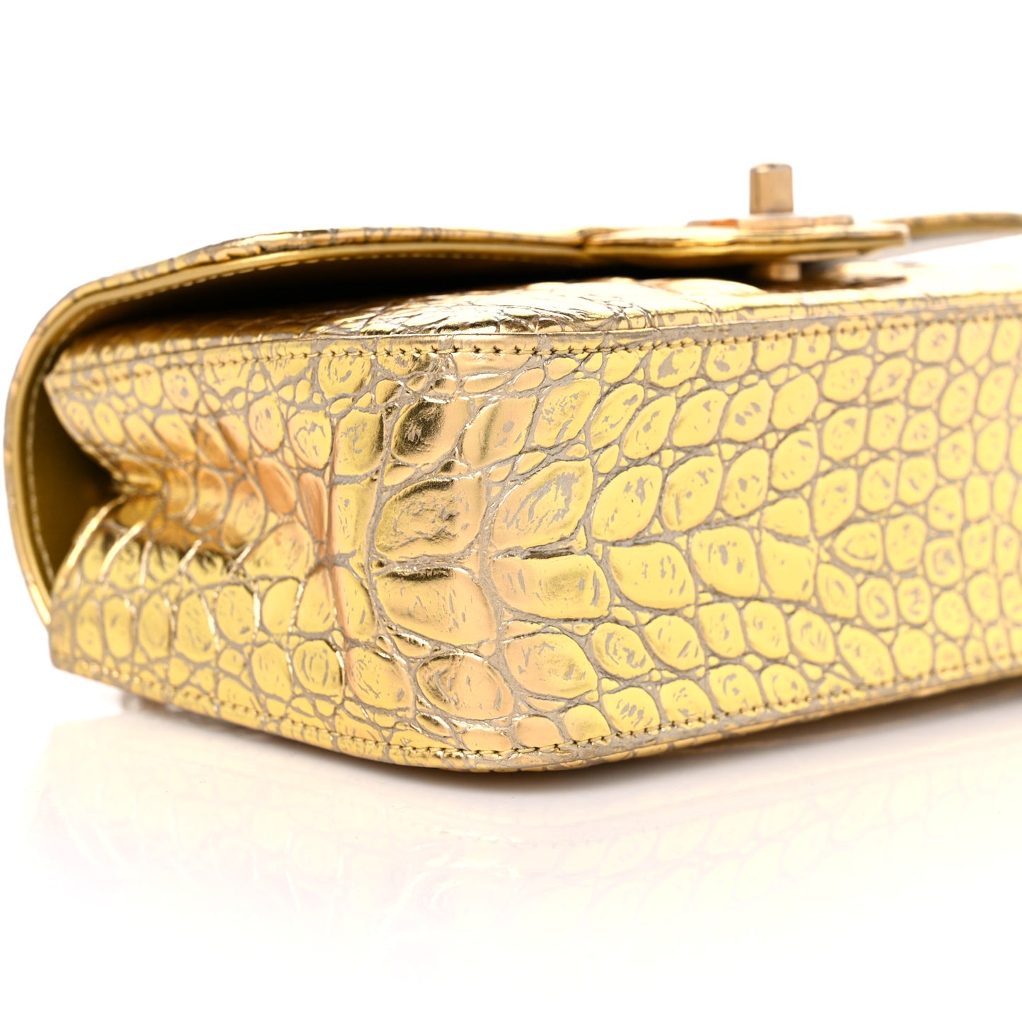 Metallic Calfskin Crocodile Embossed Cocodile Rectangular Mini Flap Gold