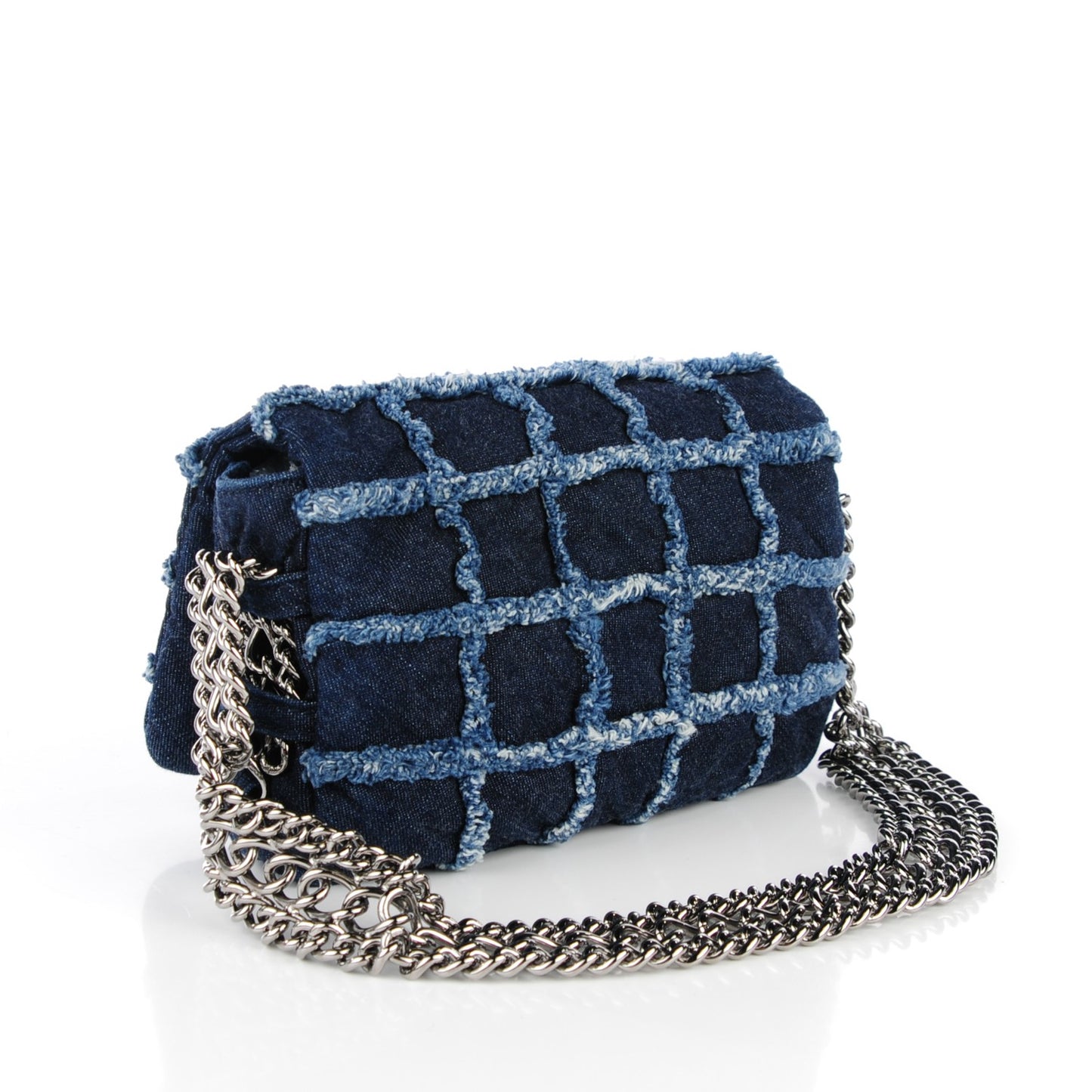 Denim Patchwork Triple Chain Flap Blue