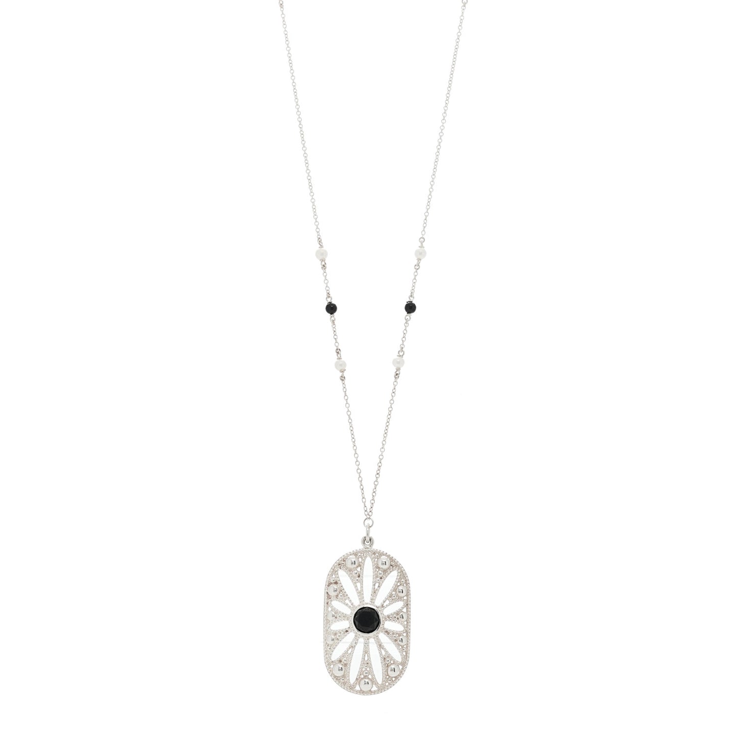 Sterling Silver Black Onyx Pearl Ziegfeld Daisy Pendant Necklace