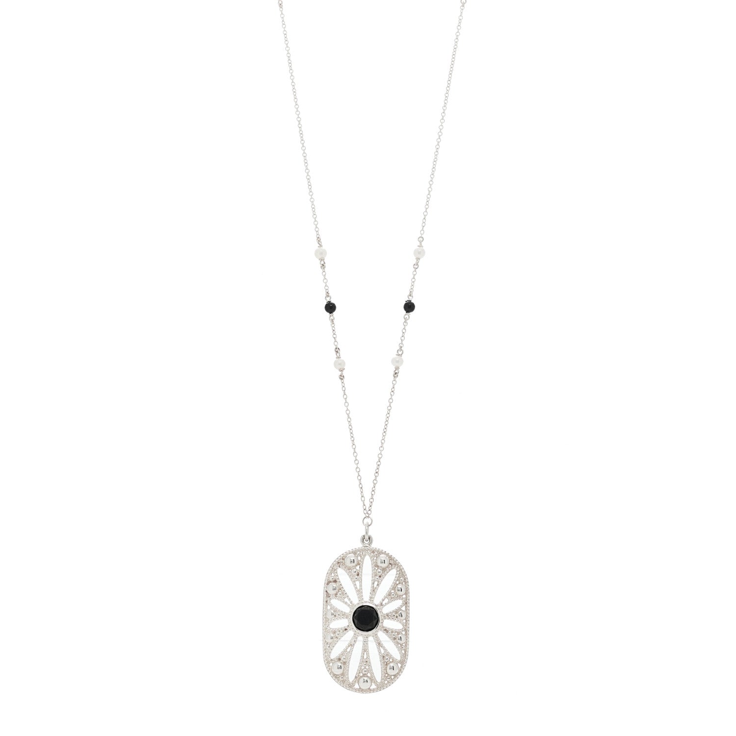 Tiffany Sterling Silver Black Onyx Pearl Ziegfeld Daisy Pendant Necklace 1 of 6