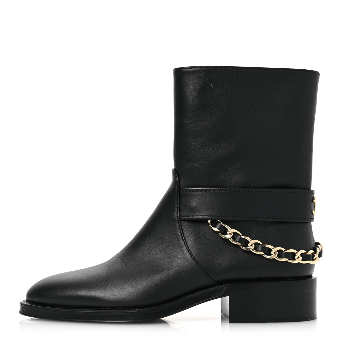 Calfskin Chain Short Boots 37.5 Black