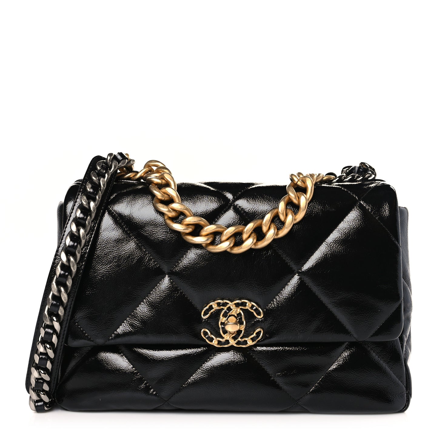 Shiny Crumpled Calfskin Quilted Large Chanel 19 Flap Black
