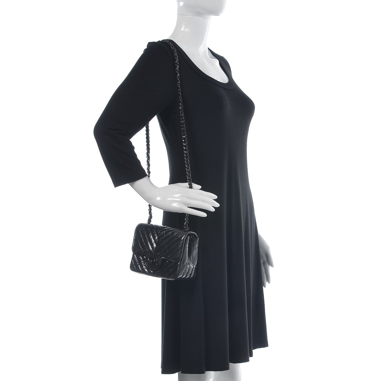 Metallic Patent Crumpled Calfskin Chevron Quilted Mini Square Flap Black
