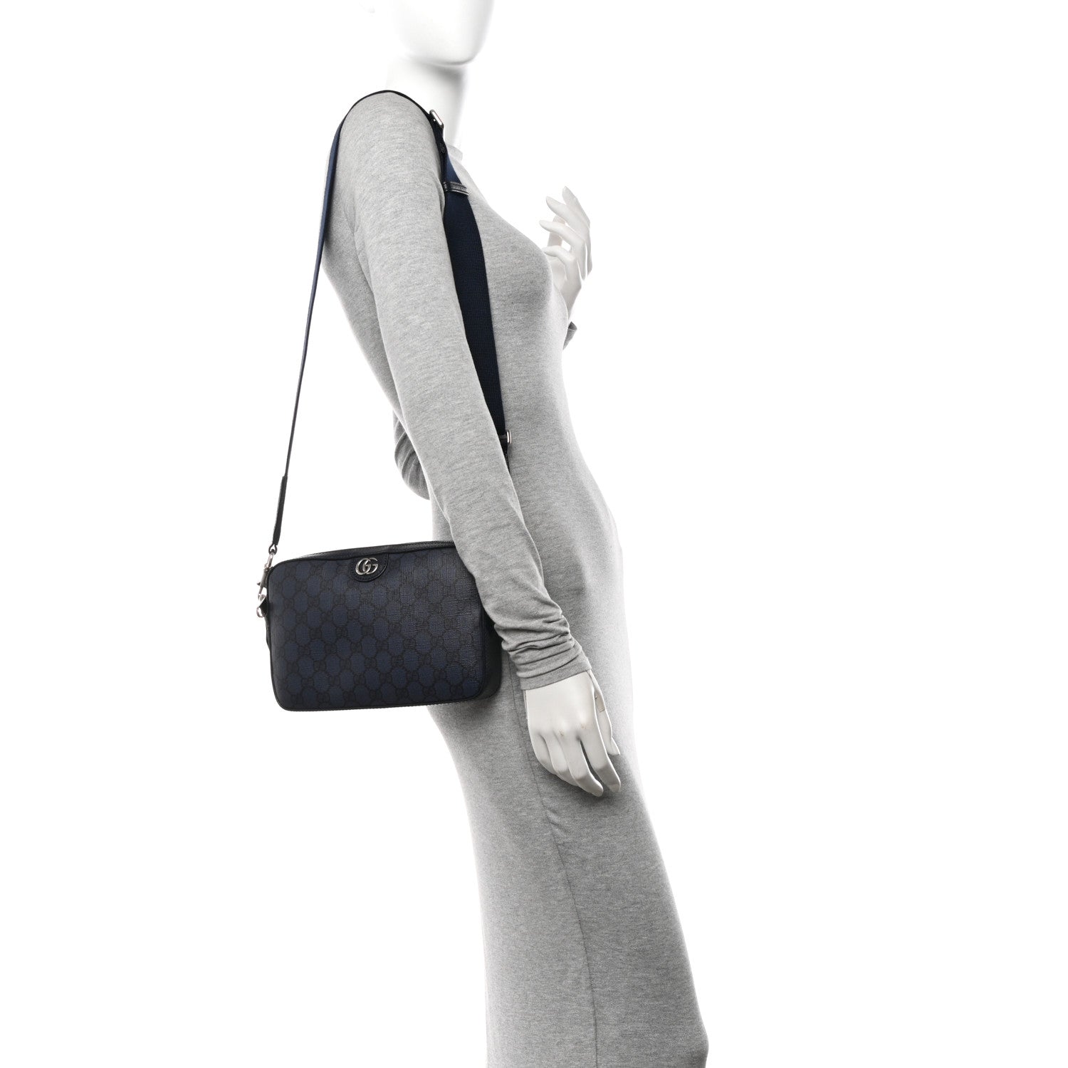 Gucci GG Supreme Monogram Textured Dollar Calfskin Web Ophidia Wristlet Shoulder Bag Blue Black Graphite Blue 3 of 13