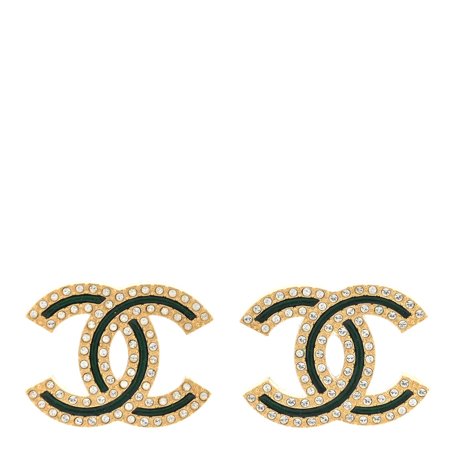 Chanel Enamel Crystal CC Earrings Green Gold 1 of 4