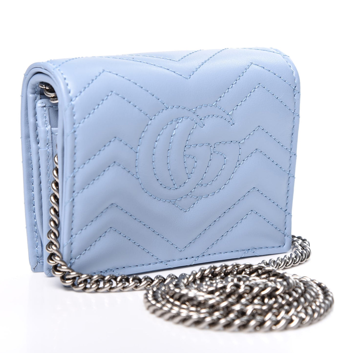 Calfskin Matelasse GG Marmont Mini Wallet On Chain Porcelain Light Blue