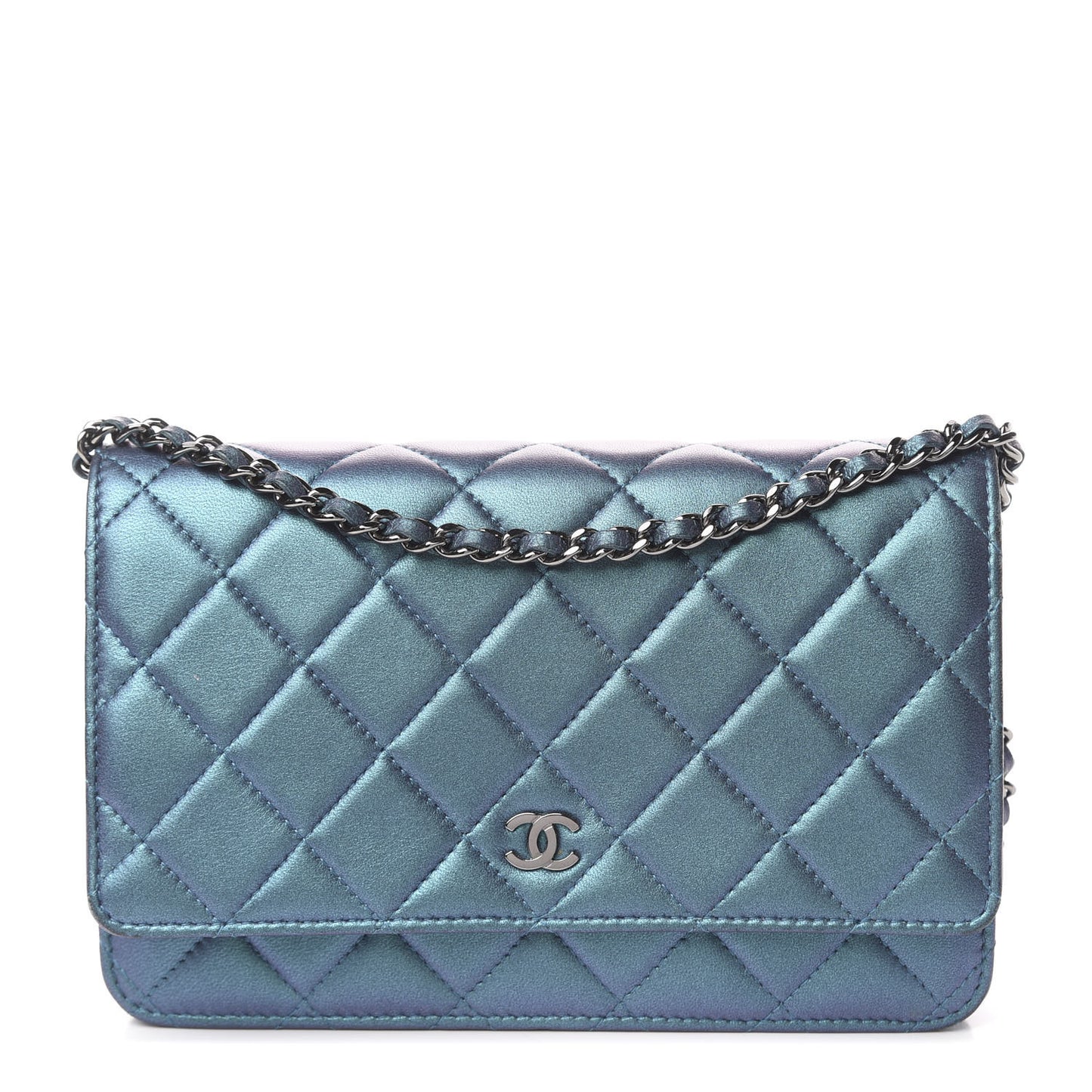 Metallic Lambskin Wallet On Chain WOC Turquoise
