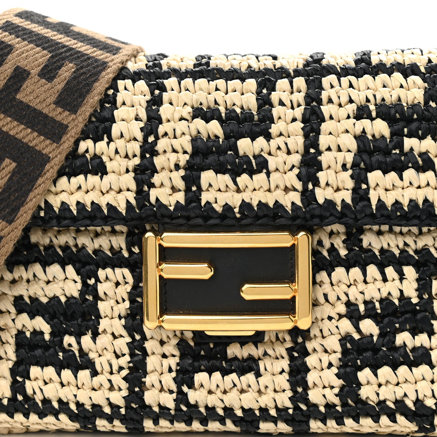 Raffia Vitello Dolce FF 1974 Crochet Baguette Black Natural