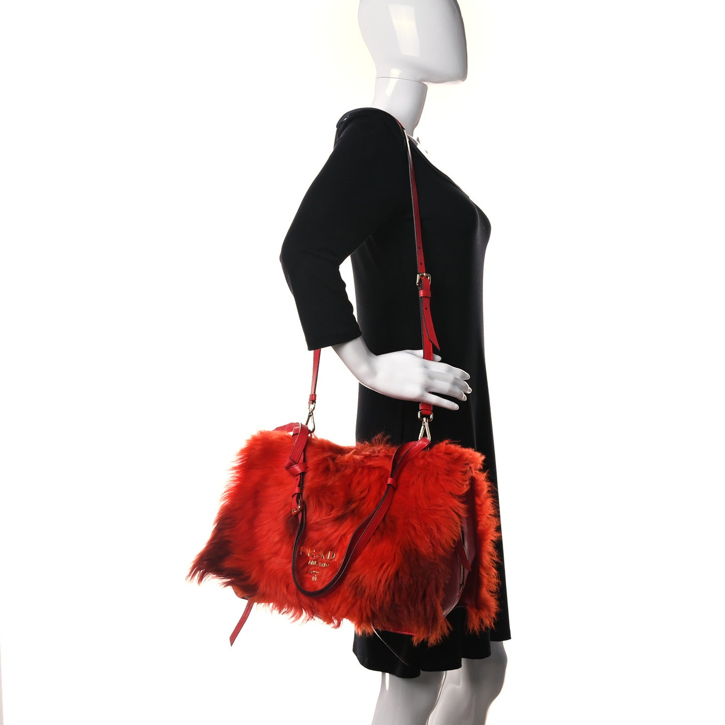 Shearling Fur Calfskin Suede Shoulder Bag Red