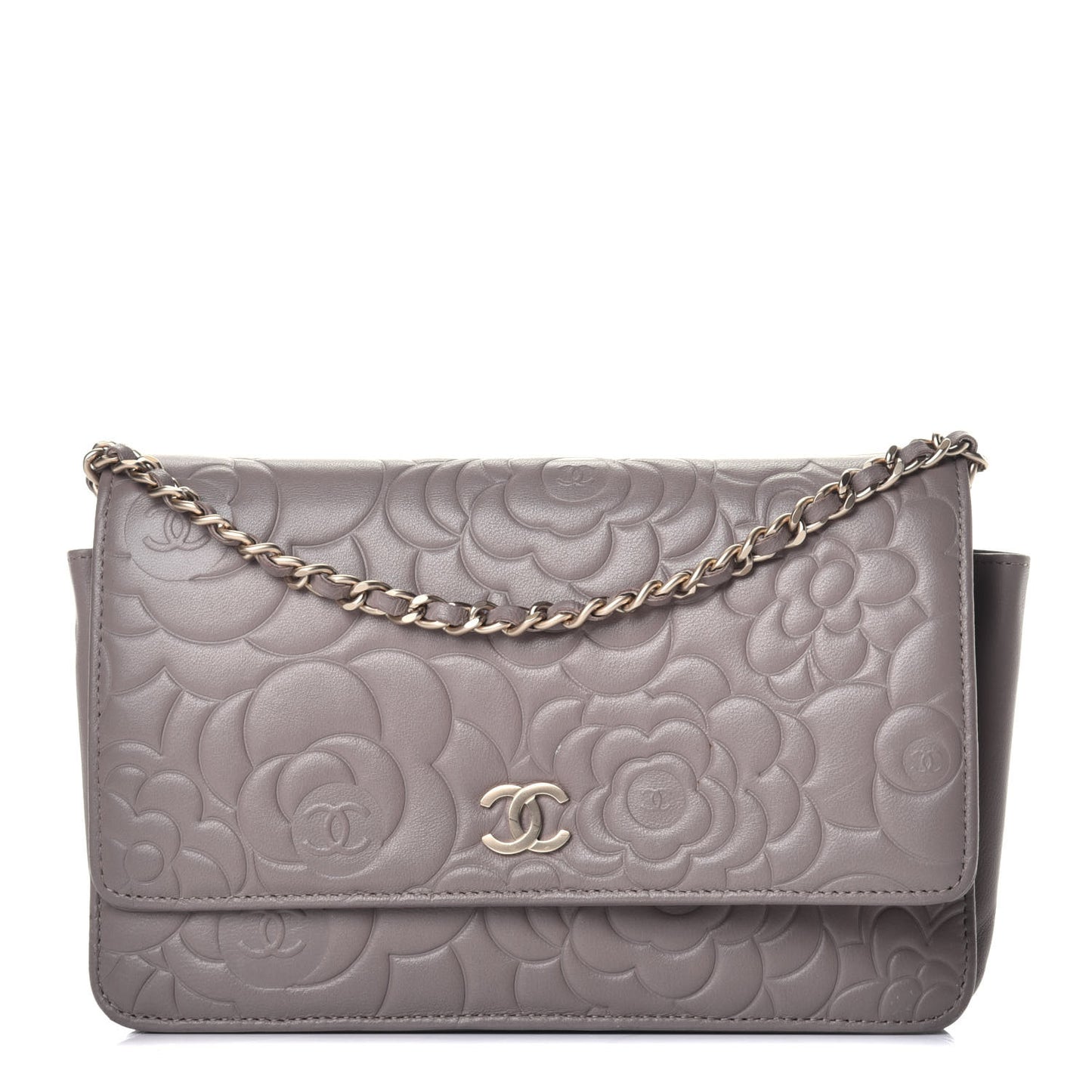 Lambskin Camellia Embossed Wallet On Chain WOC Beige