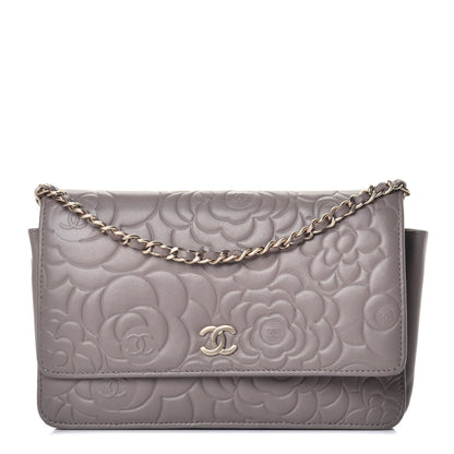 Chanel Lambskin Camellia Embossed Wallet On Chain WOC Beige 1 of 9