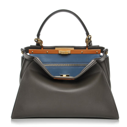 Fendi Vitello Seta Shiny Nappa Medium Peekaboo Iconic Satchel Carbone Blue 1 of 9