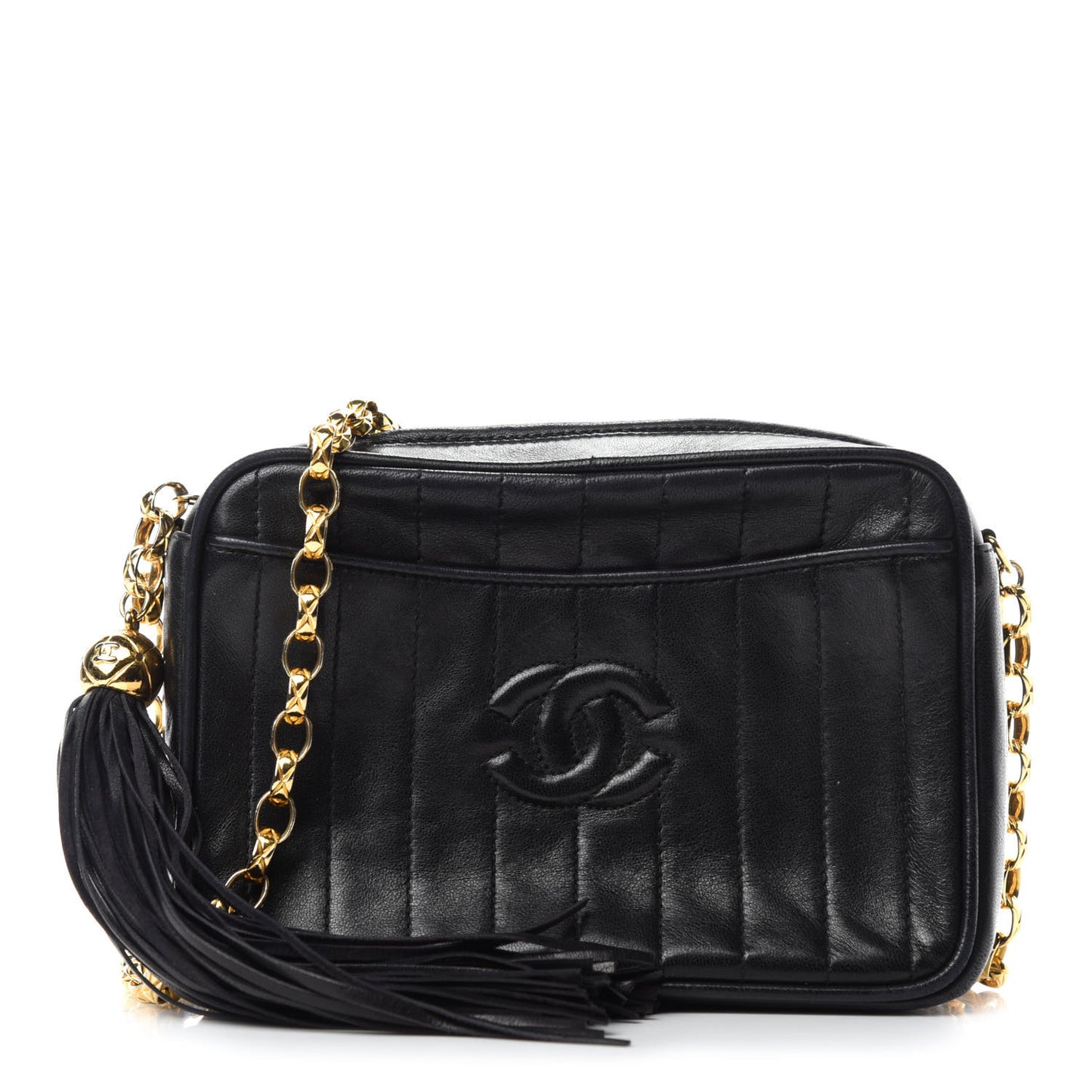 Lambskin Vertical Quilted Tassel Camera Case Black