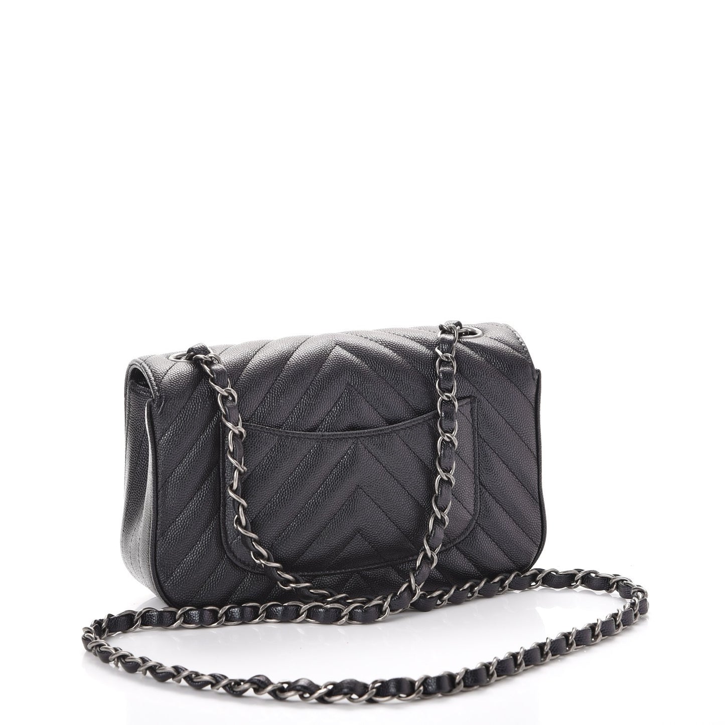 Iridescent Caviar Chevron Quilted Mini Rectangular Flap Black