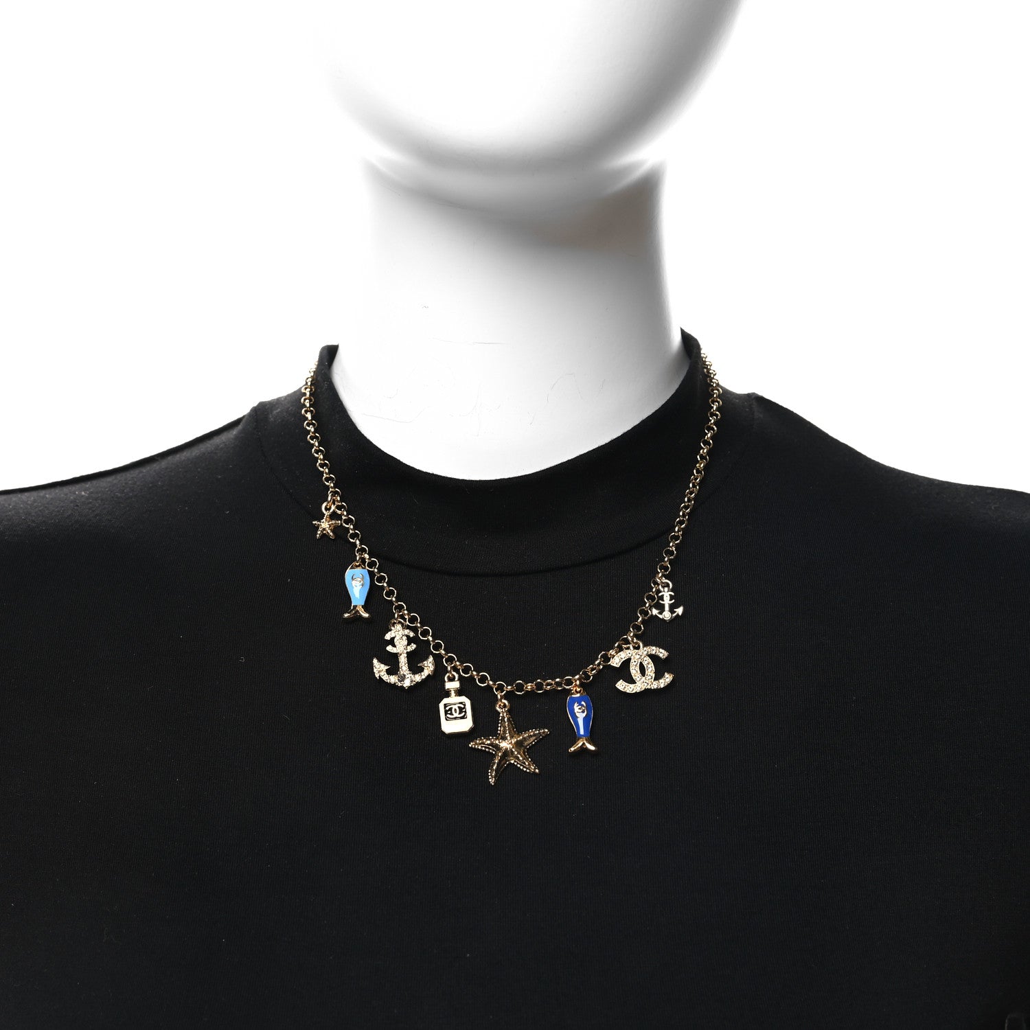 Chanel Metal Enamel Crystal Chain CC By the Sea Charms Gold Blue 2 of 5