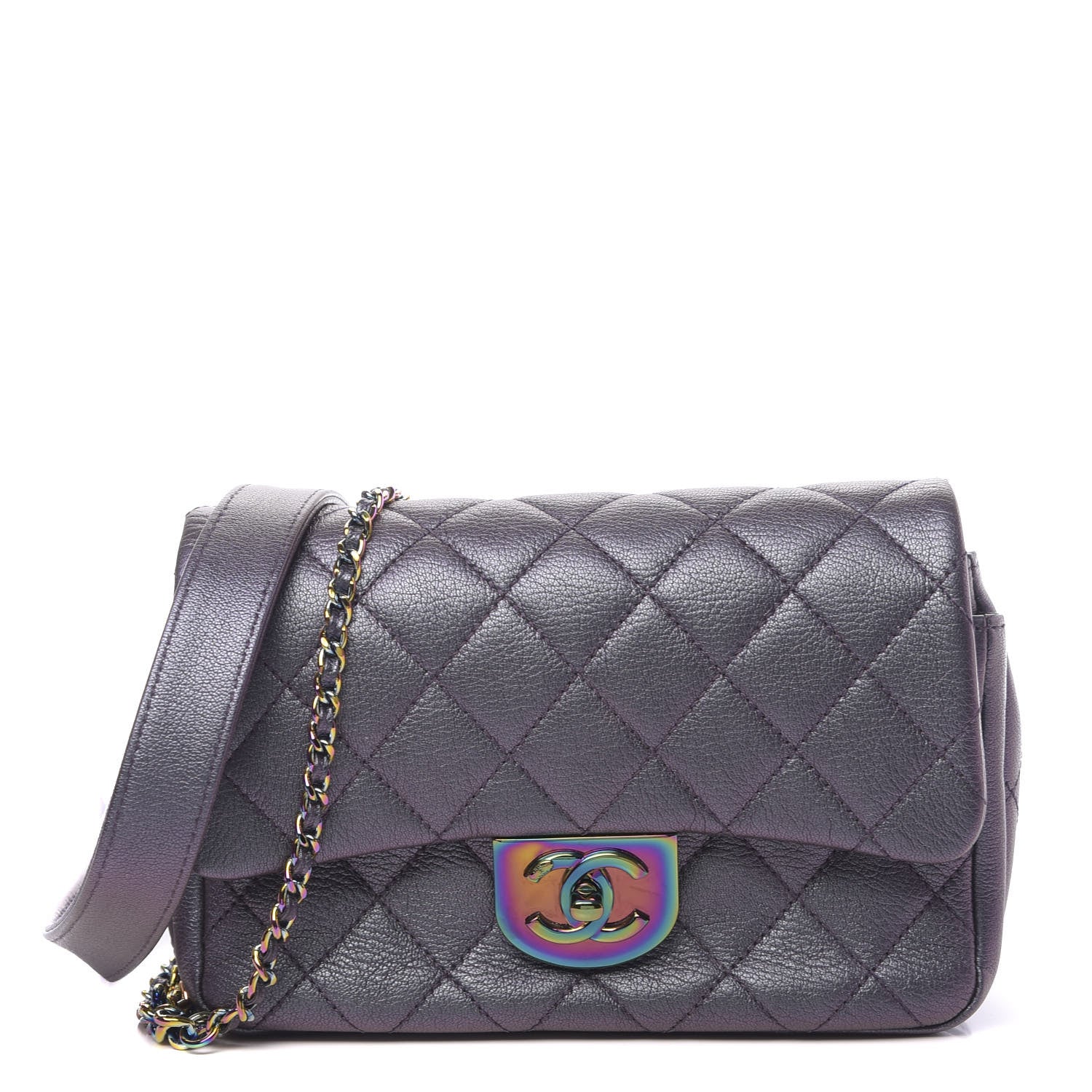 Chanel Iridescent Goatskin Quilted Small Double Carry Waist Chain Flap Purple 1 of 12