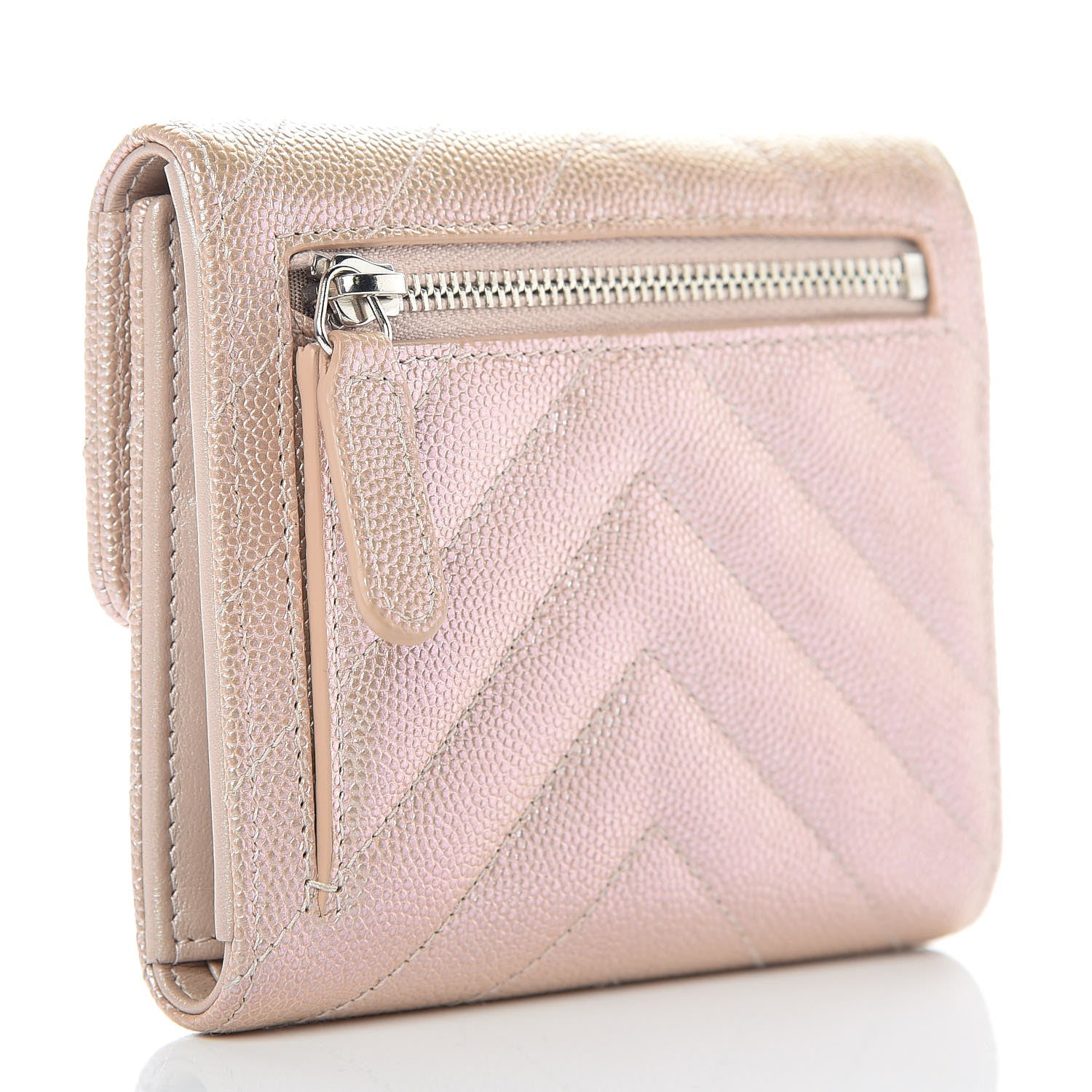 Chanel Metallic Caviar Chevron Quilted Compact Flap Wallet Light Gold 3 of 8