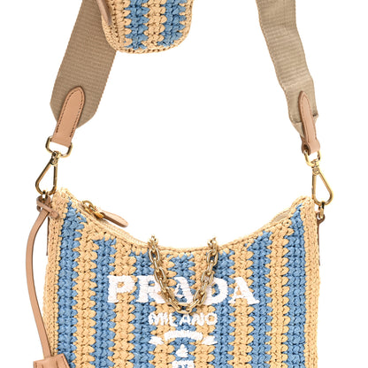 Prada Yarn Raffia Effect Crochet Striped Re-Edition 2005 Shoulder Bag Naturale Celeste 9 of 11