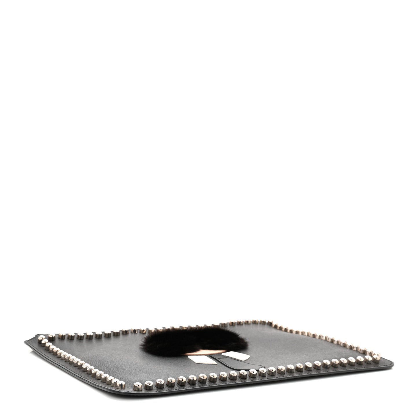 Vitello Elite Mink Fur Studded Karlito Zip Around Pouch Black