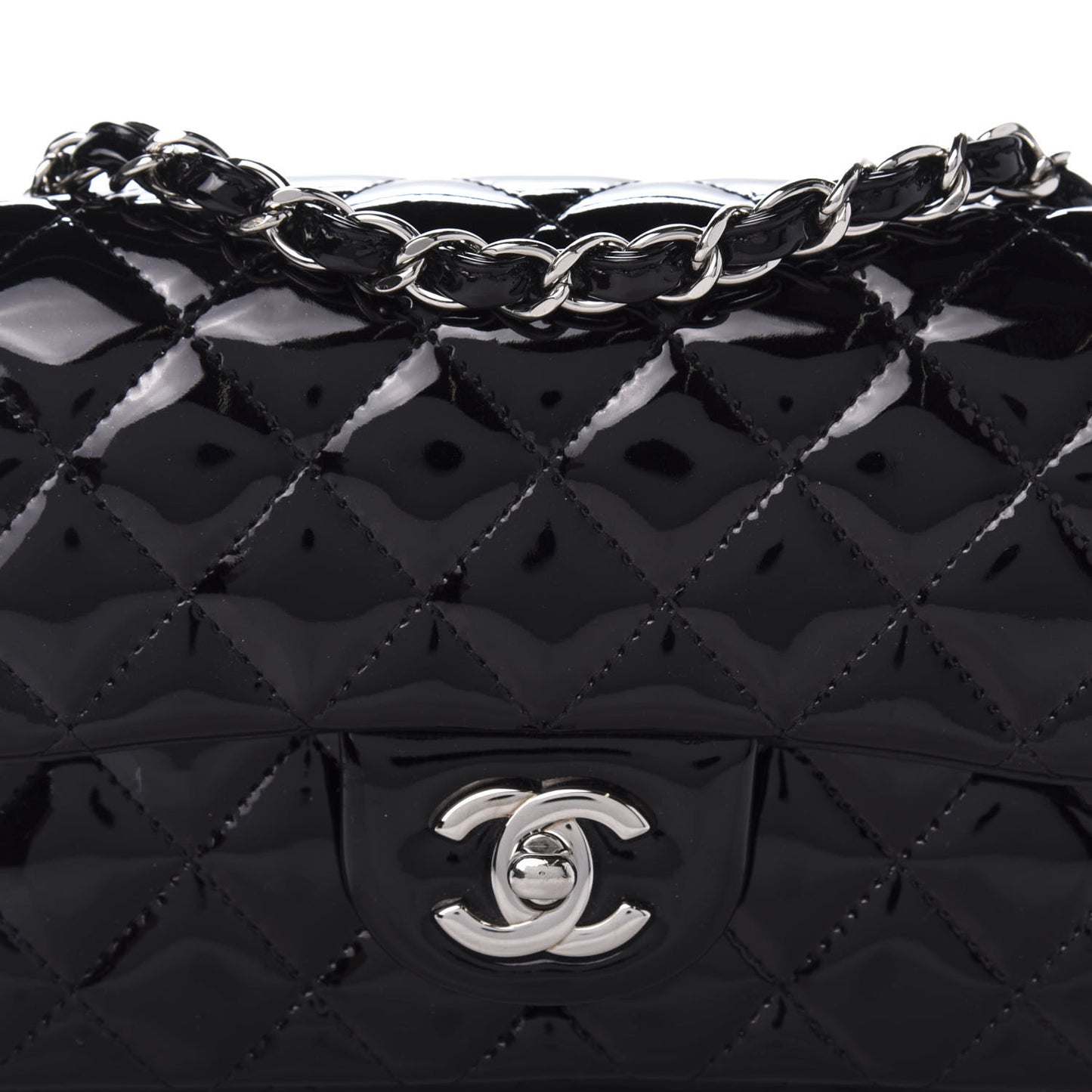 Patent Calfskin Quilted Mini Rectangular Flap Black