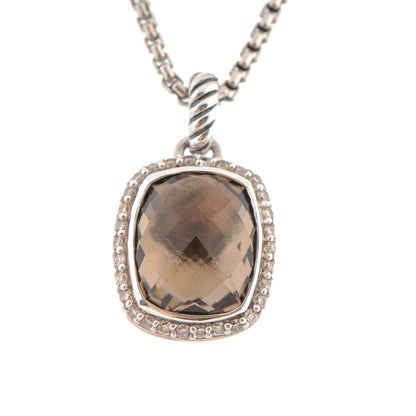 David Yurman Sterling Silver Diamond Smoky Quartz 12mm Noblesse Pendant Necklace 3 of 4