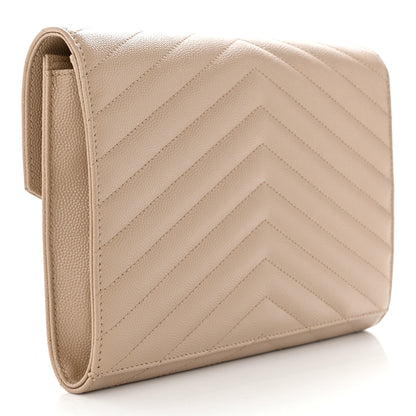 Saint Laurent Grain De Poudre Matelasse Chevron Monogram Envelope Clutch Dark Beige 2 of 7