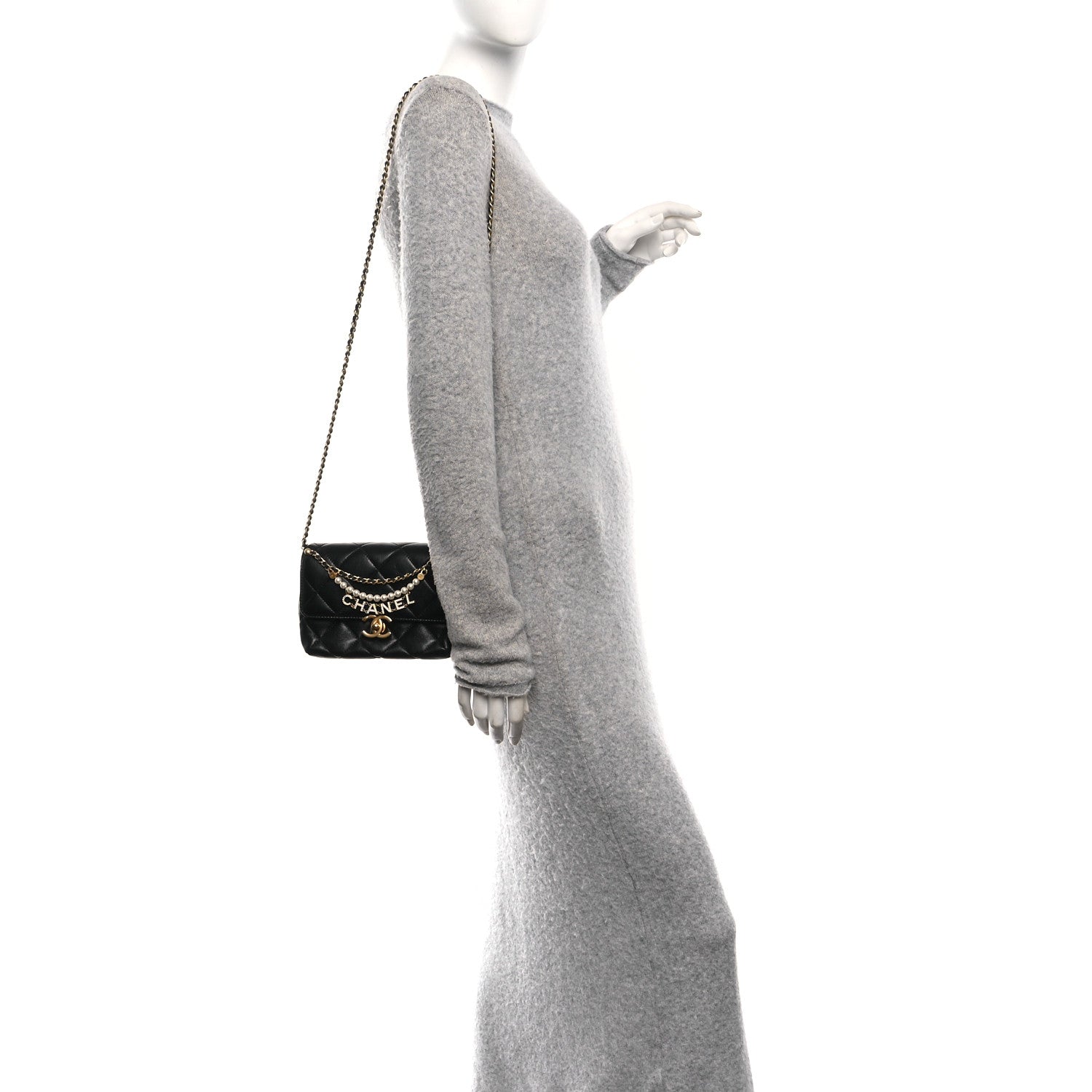 Chanel Shiny Lambskin Quilted Mini Pearl Logo Flap Black 1842471