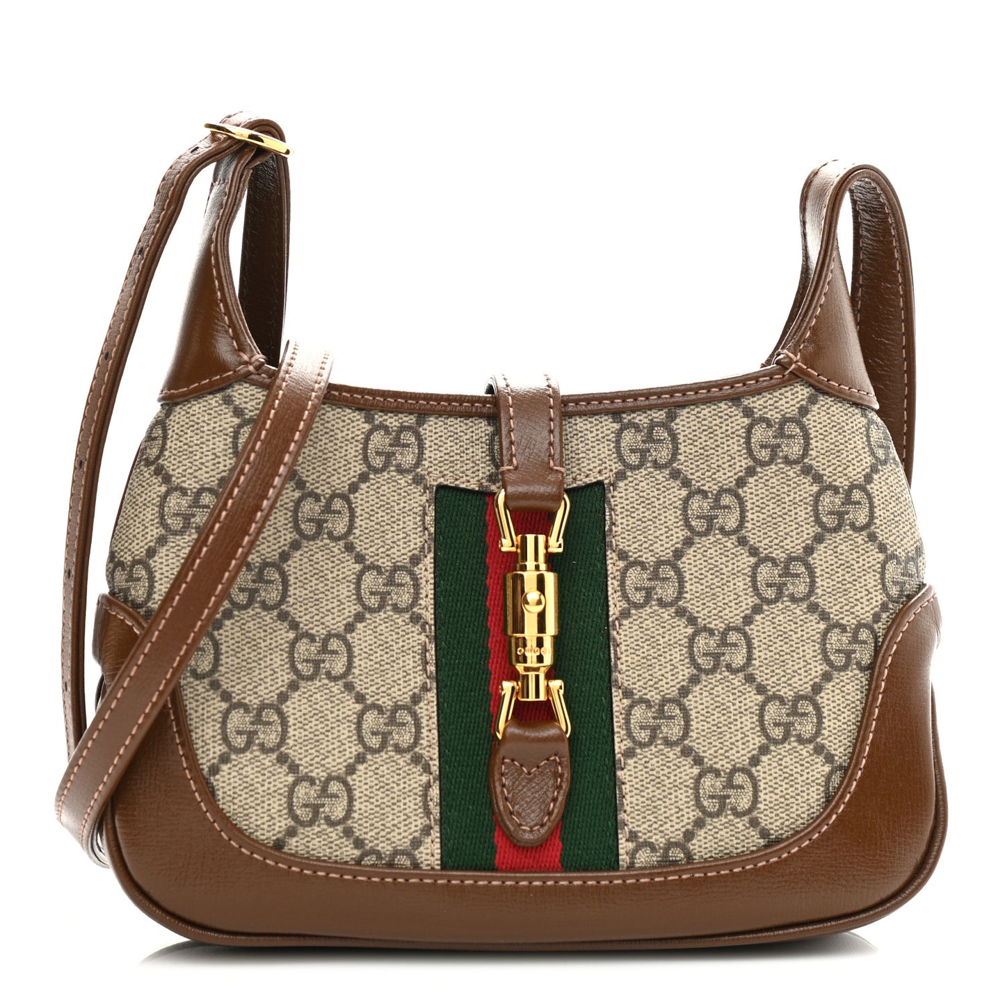 GG Supreme Monogram Azalea Calfskin Web Mini Jackie 1961 Hobo Beige Ebony Brown Sugar