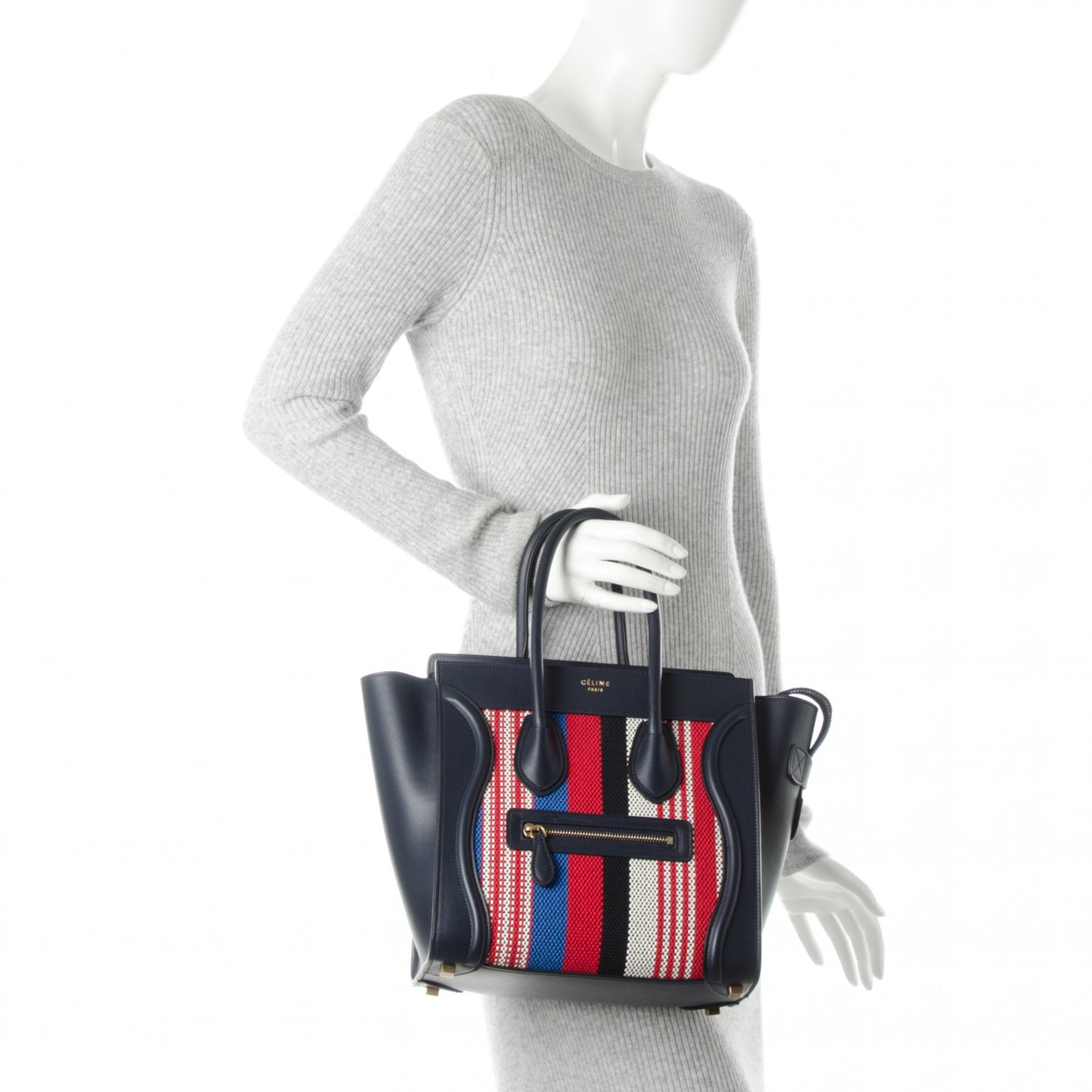 Smooth Calfskin Striped Canvas Micro Luggage Navy Blue