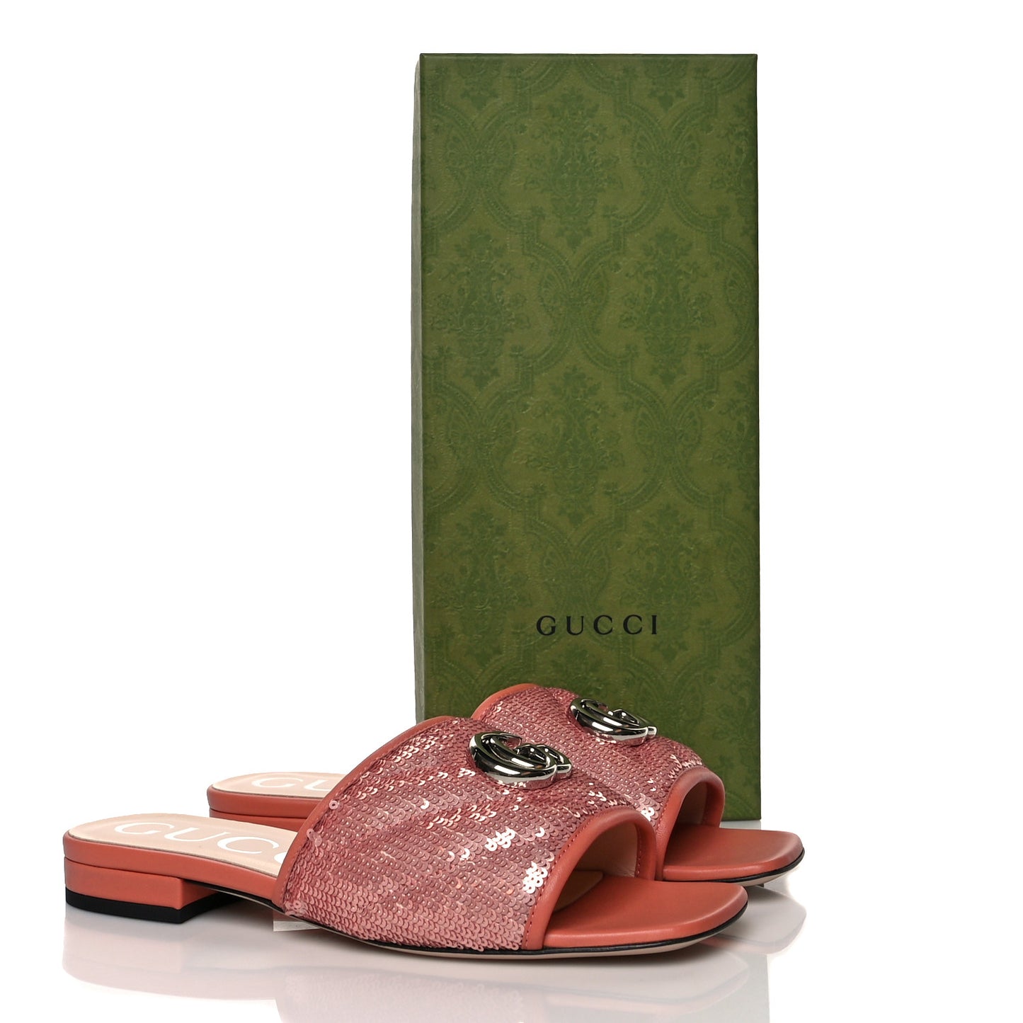 Sequin Satin Calfskin Matelasse GG Marmont Flat Slide Sandals 37 Antique Rose Rosa Pale Pink