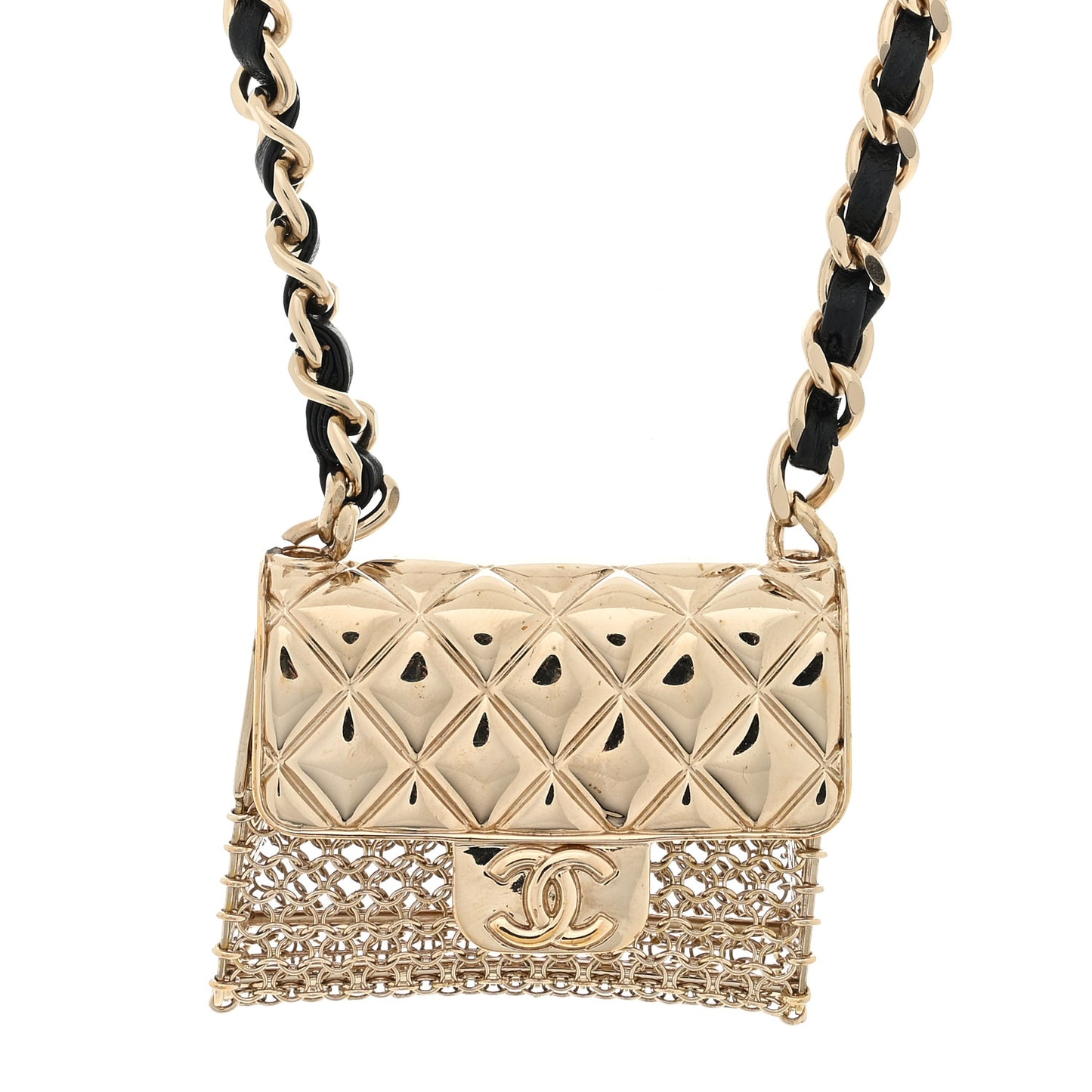 Metal Lambskin Chain Micro Bag Necklace Gold Black