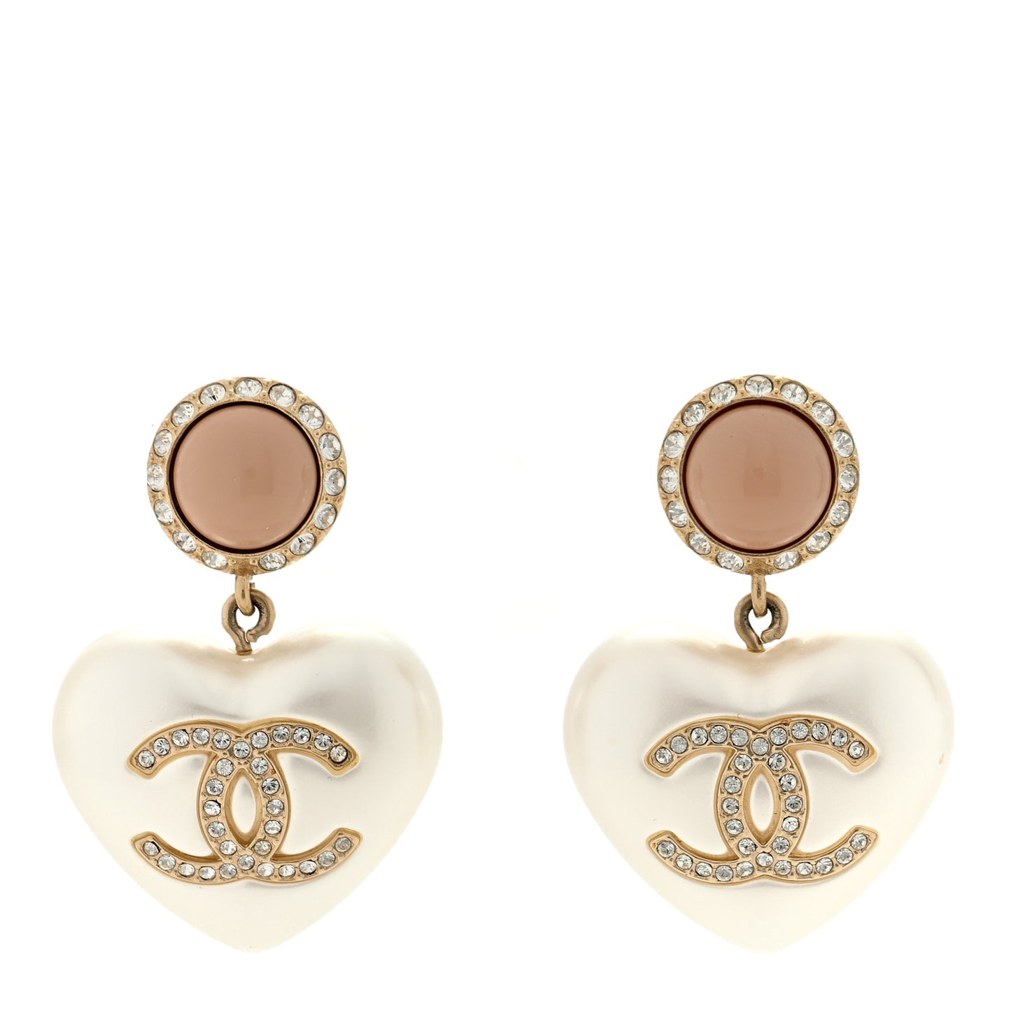 Pearl Resin Crystal CC Heart Drop Earrings Pink Gold