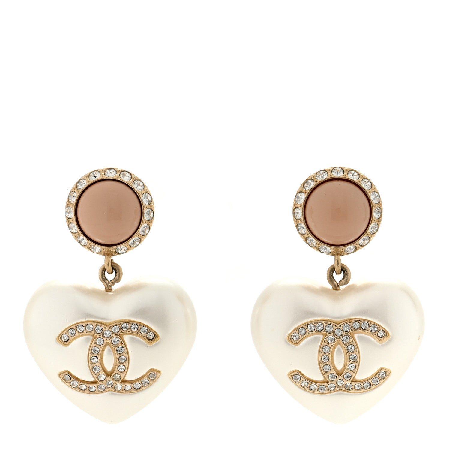Chanel Pearl Resin Crystal CC Heart Drop Earrings Pink Gold 1 of 5