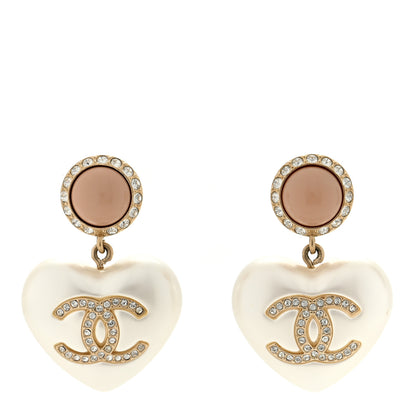 Chanel Pearl Resin Crystal CC Heart Drop Earrings Pink Gold 1 of 5