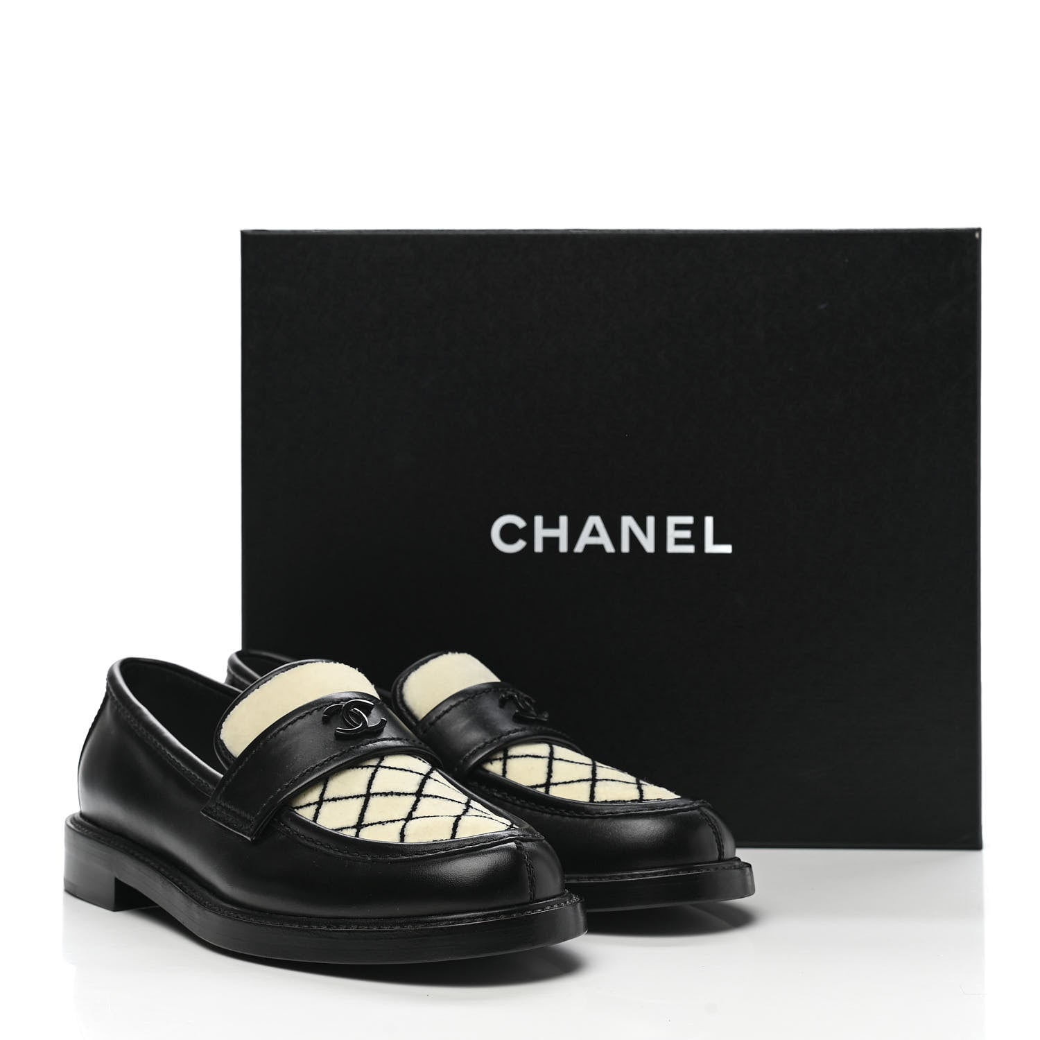 Chanel Calfskin Fabric Embroidered Quilted CC Loafers 37 Ivory Black 9 of 9