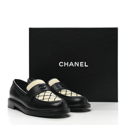 Chanel Calfskin Fabric Embroidered Quilted CC Loafers 37 Ivory Black 9 of 9