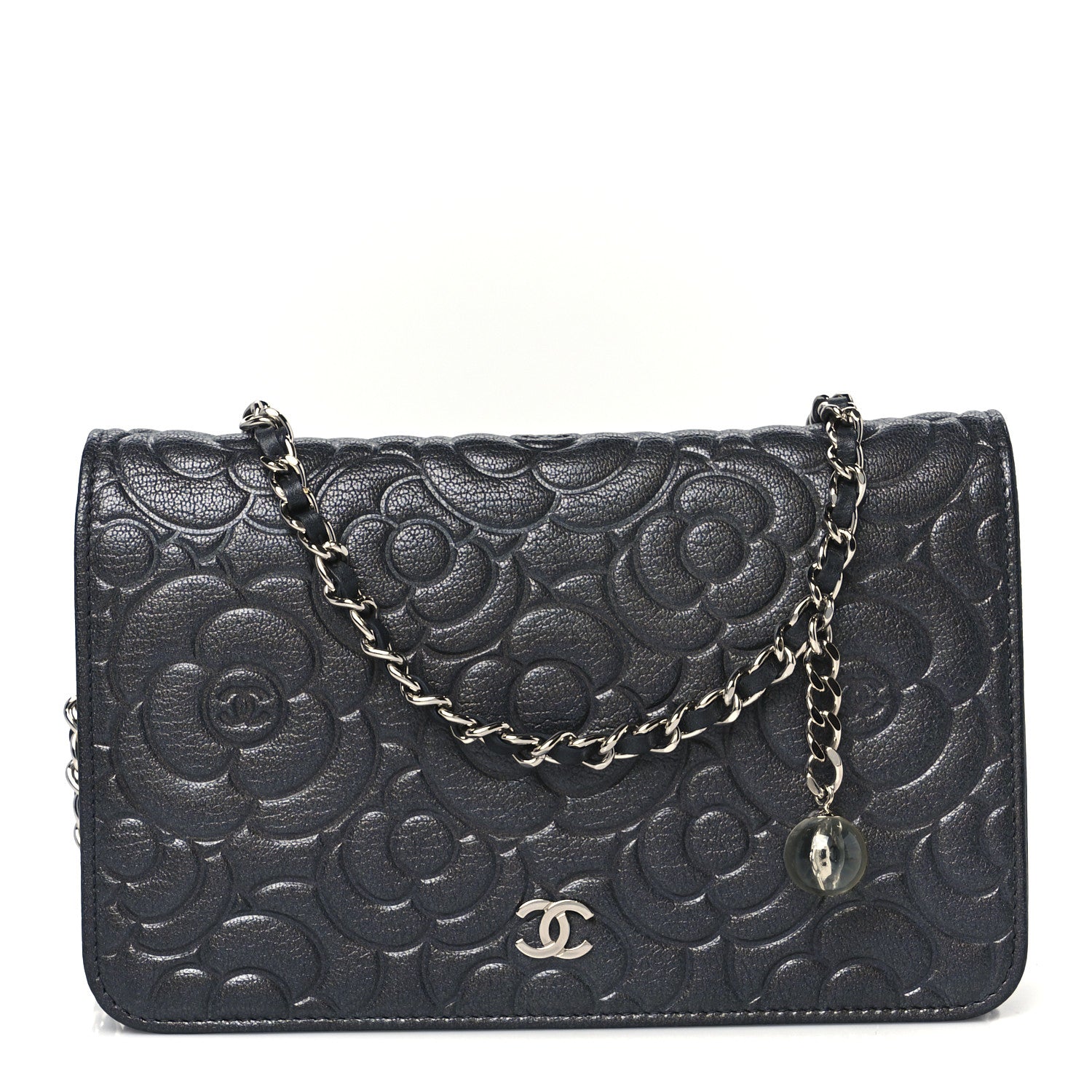 Chanel Goatskin Camellia Embossed Wallet On Chain WOC Grey 1 of 11