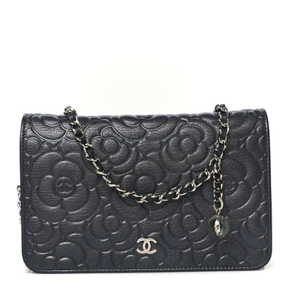 Chanel Goatskin Camellia Embossed Wallet On Chain WOC Grey 1 of 11