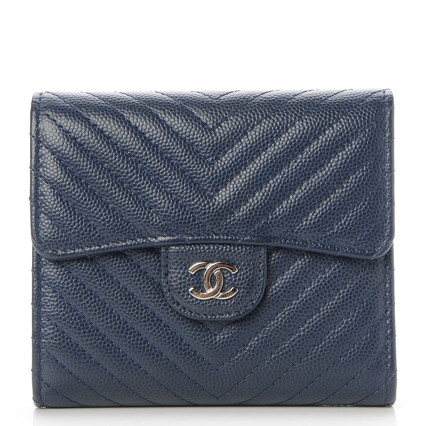 Caviar Chevron Quilted Compact Flap Wallet Navy