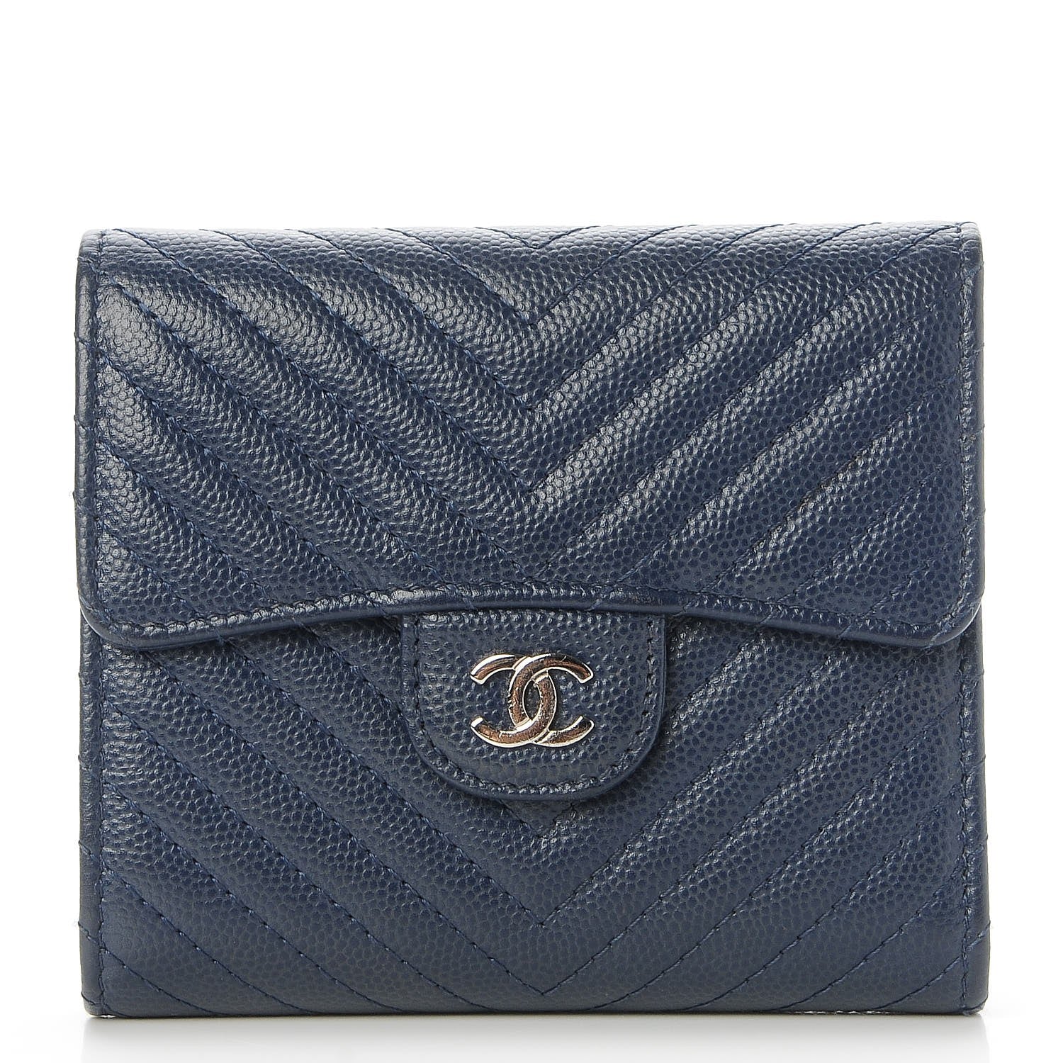Chanel Caviar Chevron Quilted Compact Flap Wallet Navy 1 of 9