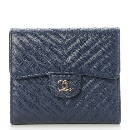Chanel Caviar Chevron Quilted Compact Flap Wallet Navy 1 of 9