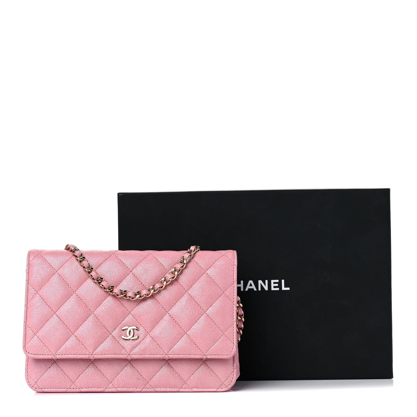 Iridescent Caviar Quilted Wallet on Chain WOC Pink