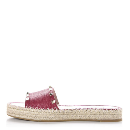Valentino Garavani Grained Calfskin Rockstud Espadrille Flat Slide Sandals 41 Red 1 of 10