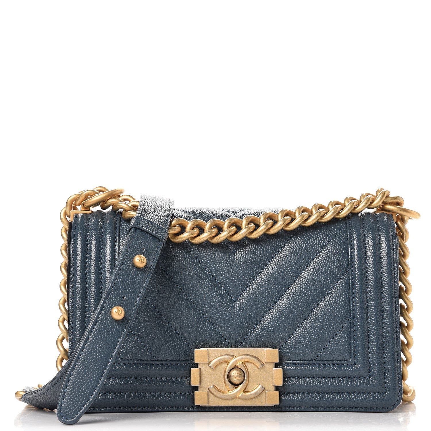 Chanel Caviar Chevron Quilted Small Boy Flap Blue 1 of 9