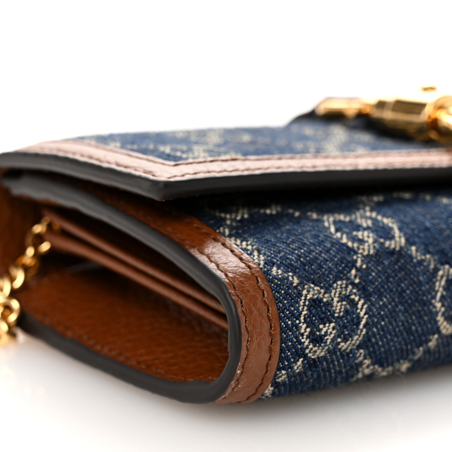 New Denim GG Monogram Jackie 1961 Chain Wallet Blue Tea Cuir